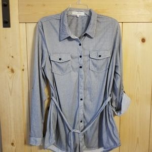 Eden & Olivia Button Down Blouse Belted Striped